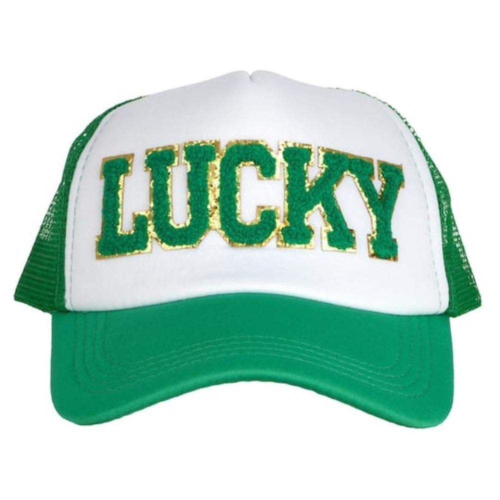 LUCKY Green and White Trucker Hat One Size with Snaps